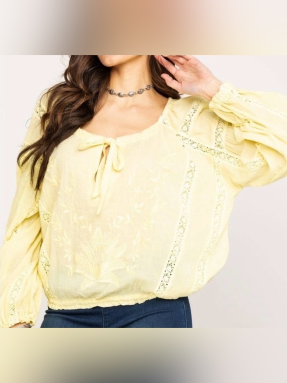 Free People Chartreuse Embroidered and Crocheted Lace Tie-Neck Blouse - Size M